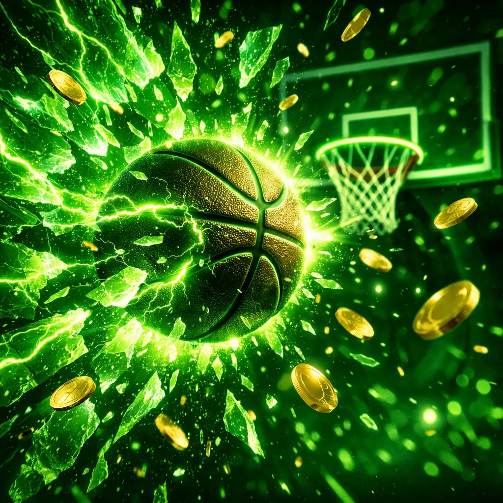 Glowing basketball with neon energy trails arcing toward hoop, gold coins raining down in dark arena atmosphere