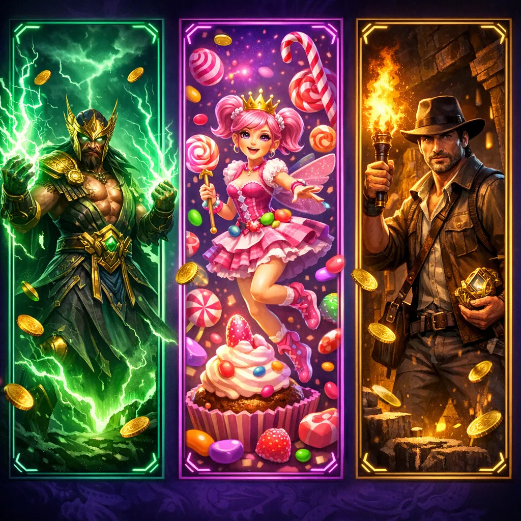 Fantasy game characters on illuminated podium with ancient deity radiating energy, flanked by two warriors, coins cascading