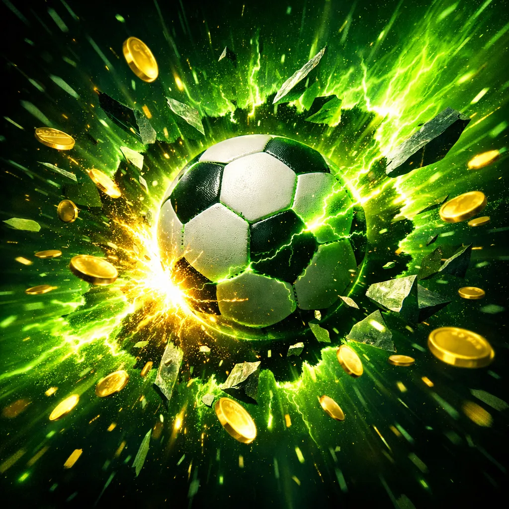 Football glowing with electric energy aura, gold coins cascading across dark stadium pitch, neon light trails and dynamic mot
