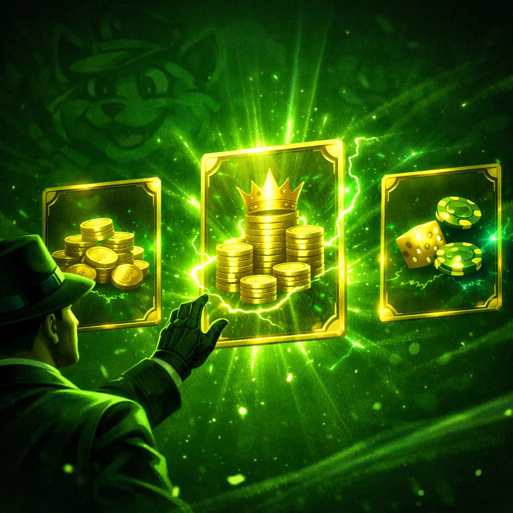 Three glowing golden treasure chests side by side with vibrant neon energy, casino chips and coins overflowing, premium compa