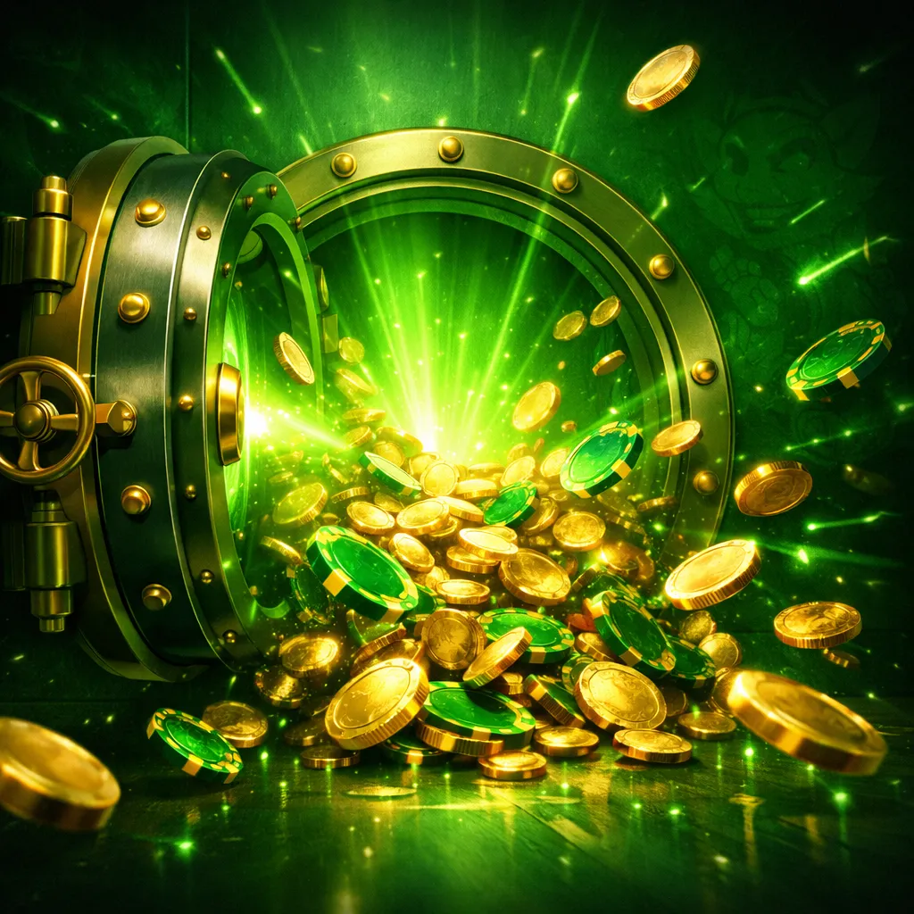 Golden key unlocking glowing chest with green light streaming from keyhole, coins and chips bursting out in neon casino scene