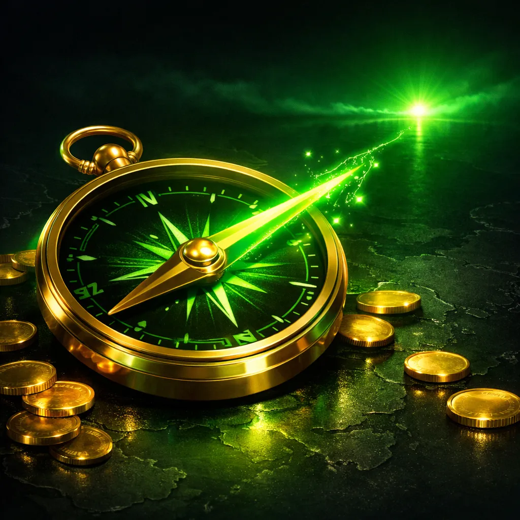 A glowing primary color circular portal in dark space with gold coins orbiting it and a golden arrow pointing toward the entr