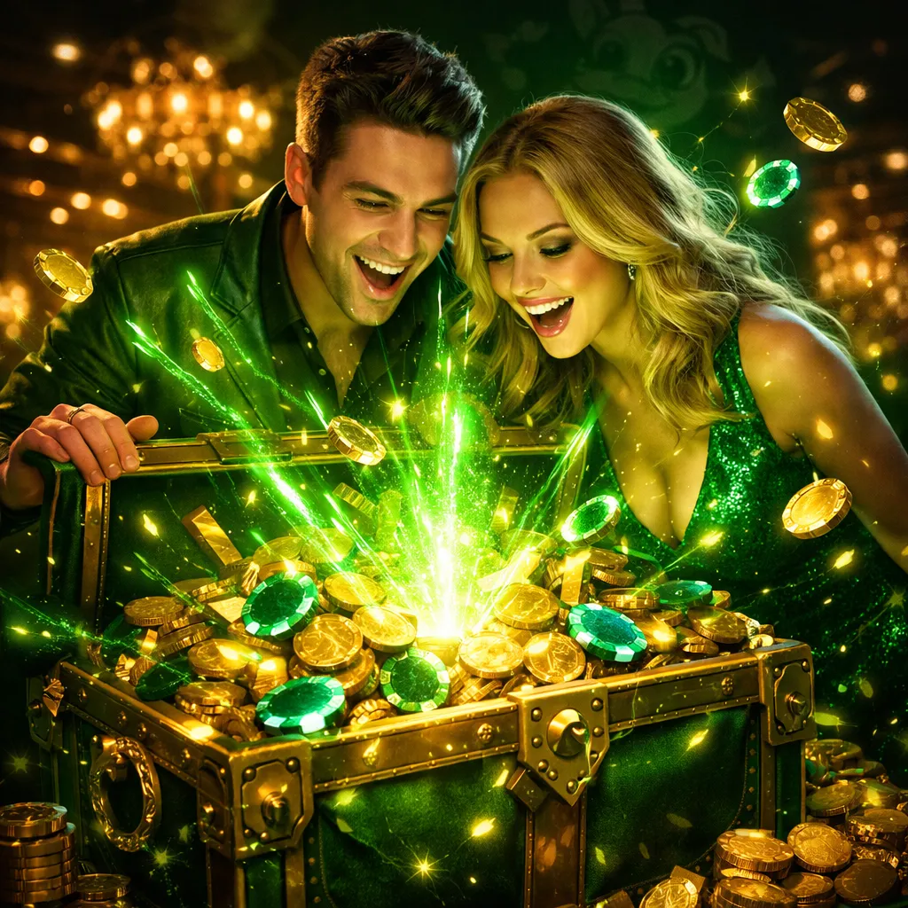 Treasure chest overflowing with gold coins and casino chips, magical glowing light erupting from inside in a vibrant casino h