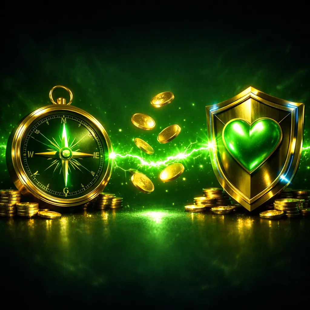 Gold compass and shield floating in dark void with green glowing energy, coins drifting around both premium objects