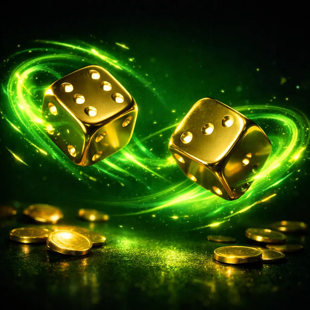 Gold dice frozen mid-roll with vivid green energy trails, scattered gold coins on dark reflective surface, cinematic luxury a