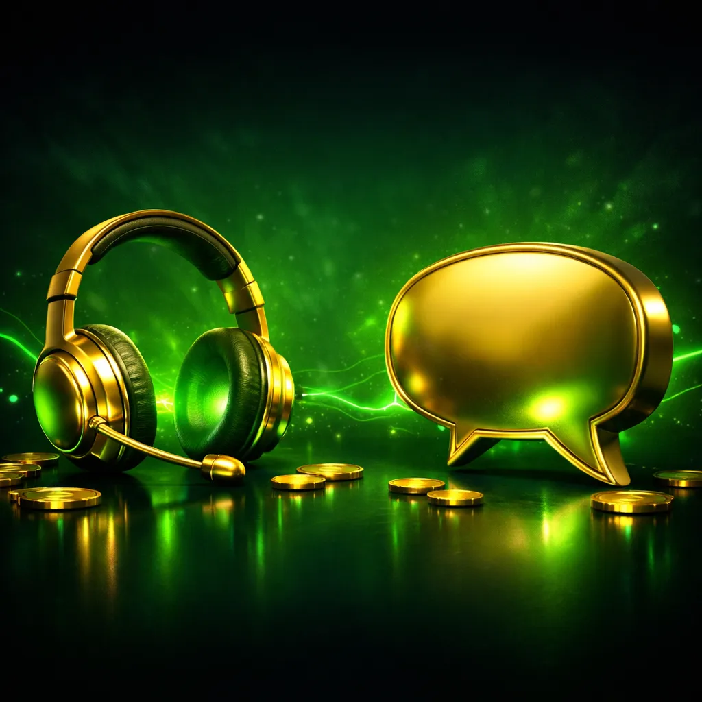 Premium gold headset floating in dark void with warm glowing light emanating from earphones, coins arranged around it on refl