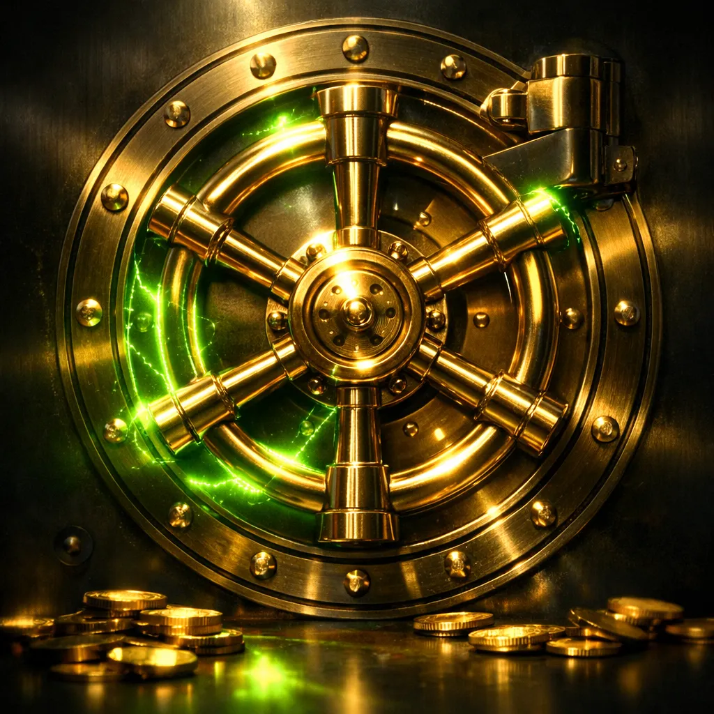 Gold padlock glowing with green primary energy light, accent neon sparks at lock mechanism, coins at base on dark atmospheric