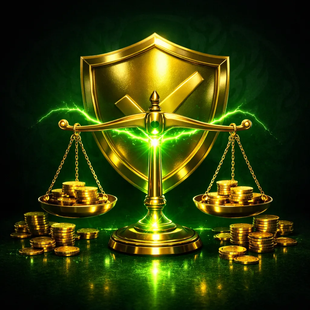 Gold scales of justice perfectly balanced with green primary color light glowing from above, coins stacked symmetrically, dar