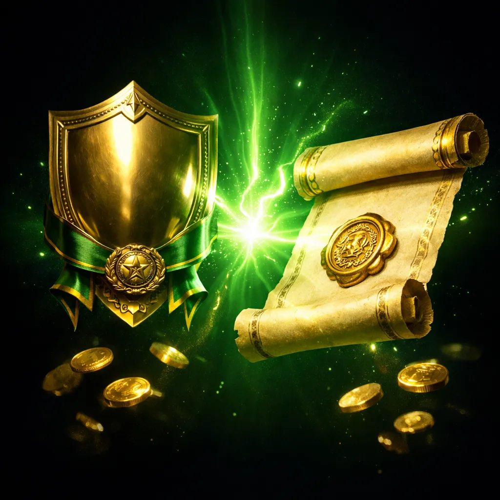 Ornate gold official seal mid-stamp on dark leather surface with green energy explosion at contact point and coins scattered 