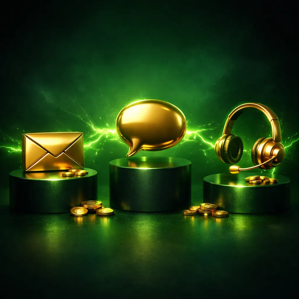 Three premium 3D gold communication objects in triangle arrangement: speech bubble, envelope, phone handset with glowing colo