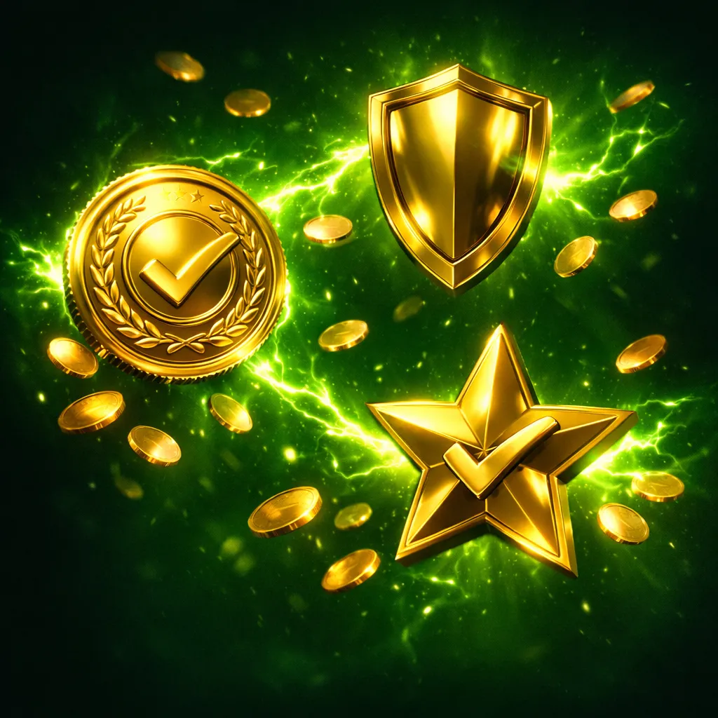 Gold trophy with embossed shield blazing green primary light, cascading coins, dark premium atmospheric background, celebrato