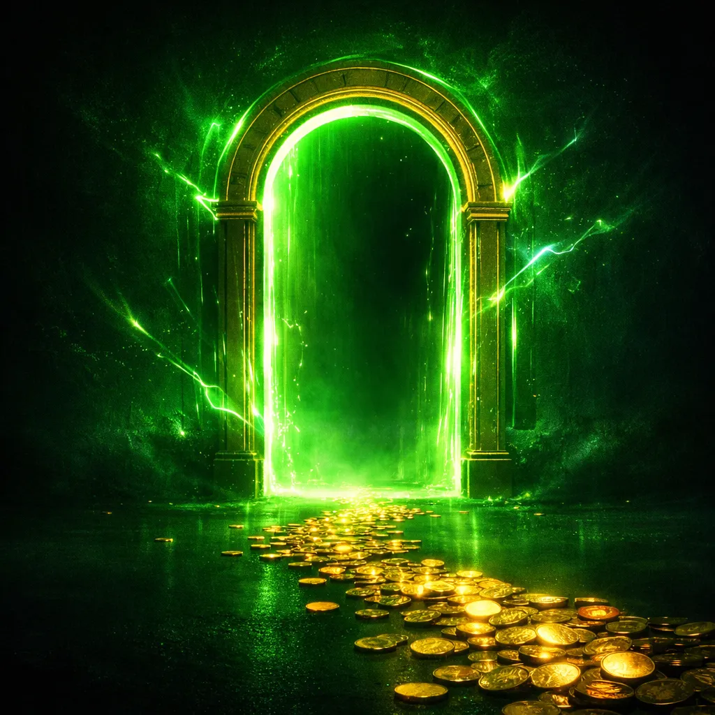 A large golden key floating in dark void with vibrant green energy emanating from its tip, gold coins orbiting in cinematic d