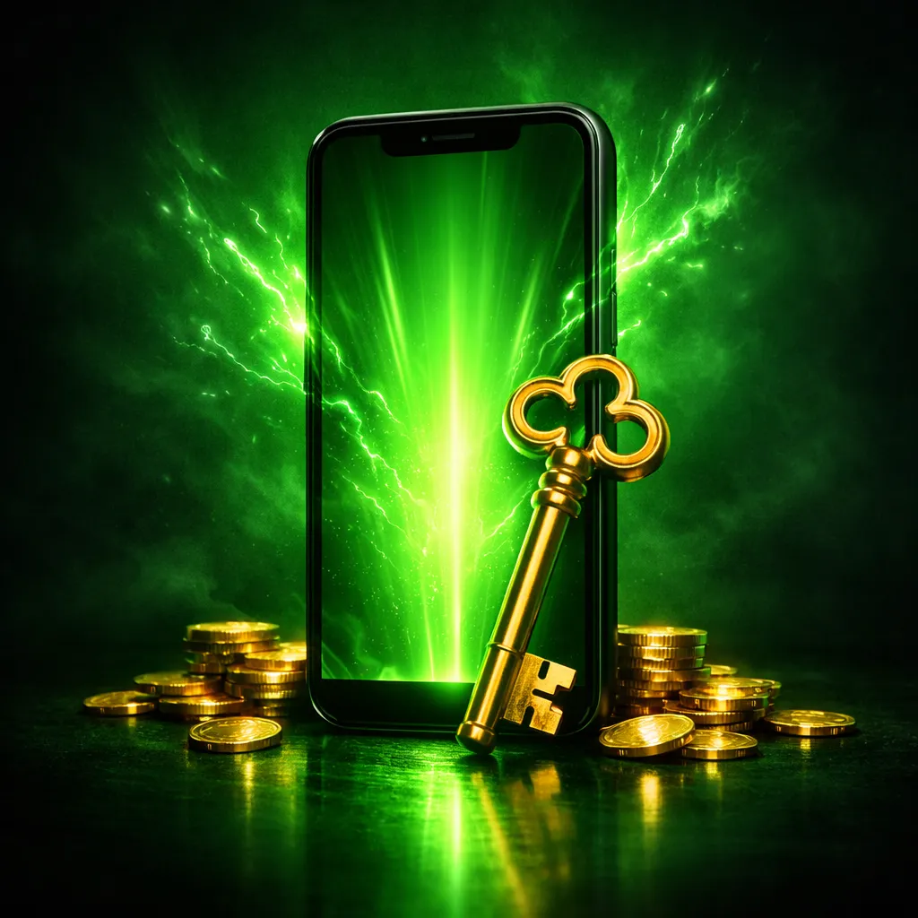 A large golden key floating in a dark void with green energy emanating from its tip, gold coins orbiting slowly in cinematic