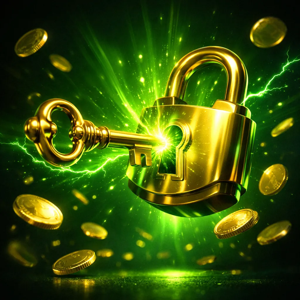 Golden key entering a floating padlock with green energy burst, gold coins scattered on dark surface below