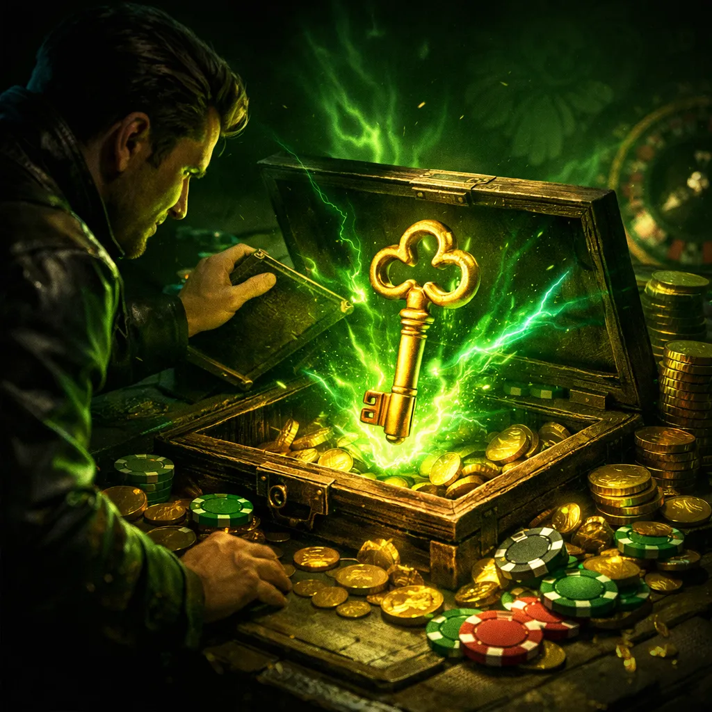 Ornate golden key floating center with vivid primary color glow emanating outward, coins and casino chips unlocking around it