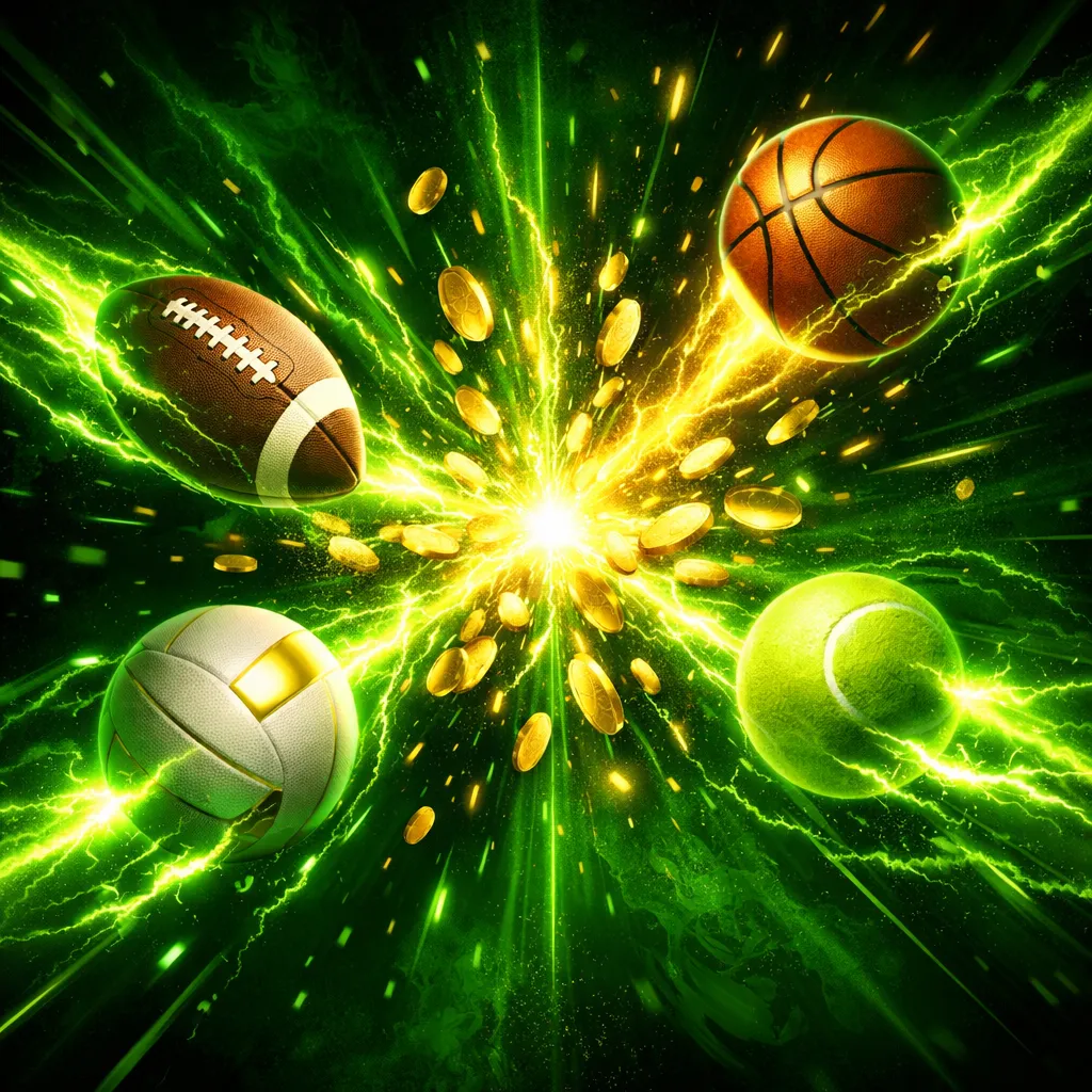Dynamic sports betting visual with football basketball tennis volleyball orbiting glowing energy core with gold coins and neo