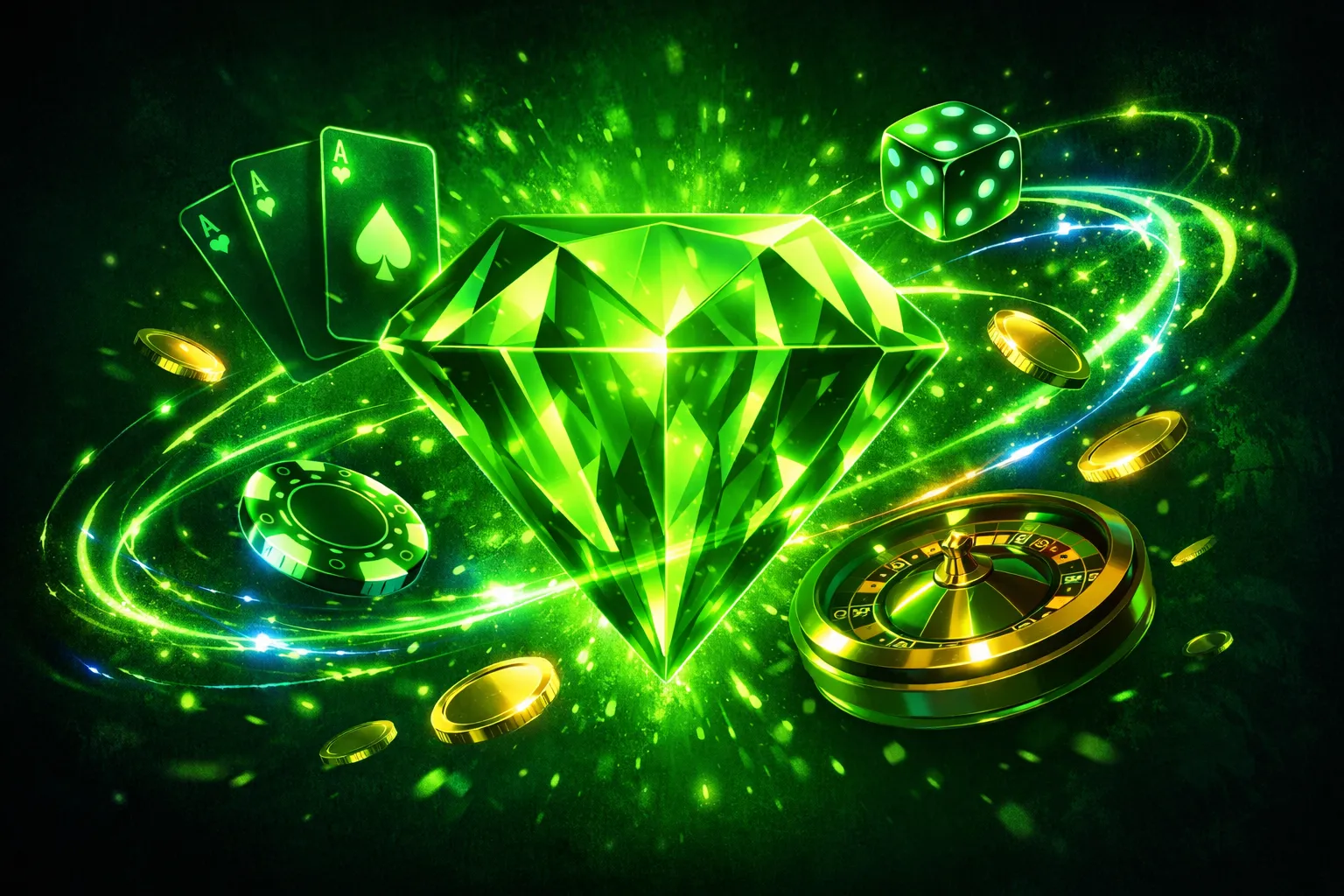 Glowing roulette wheel with vibrant neon light vortex, casino chips and cards orbiting in swirling energy field