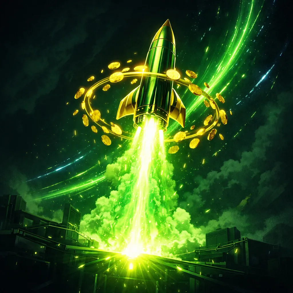 Sleek rocket blasting upward with vibrant neon energy trail, gold coins exploding outward in dark dramatic space scene