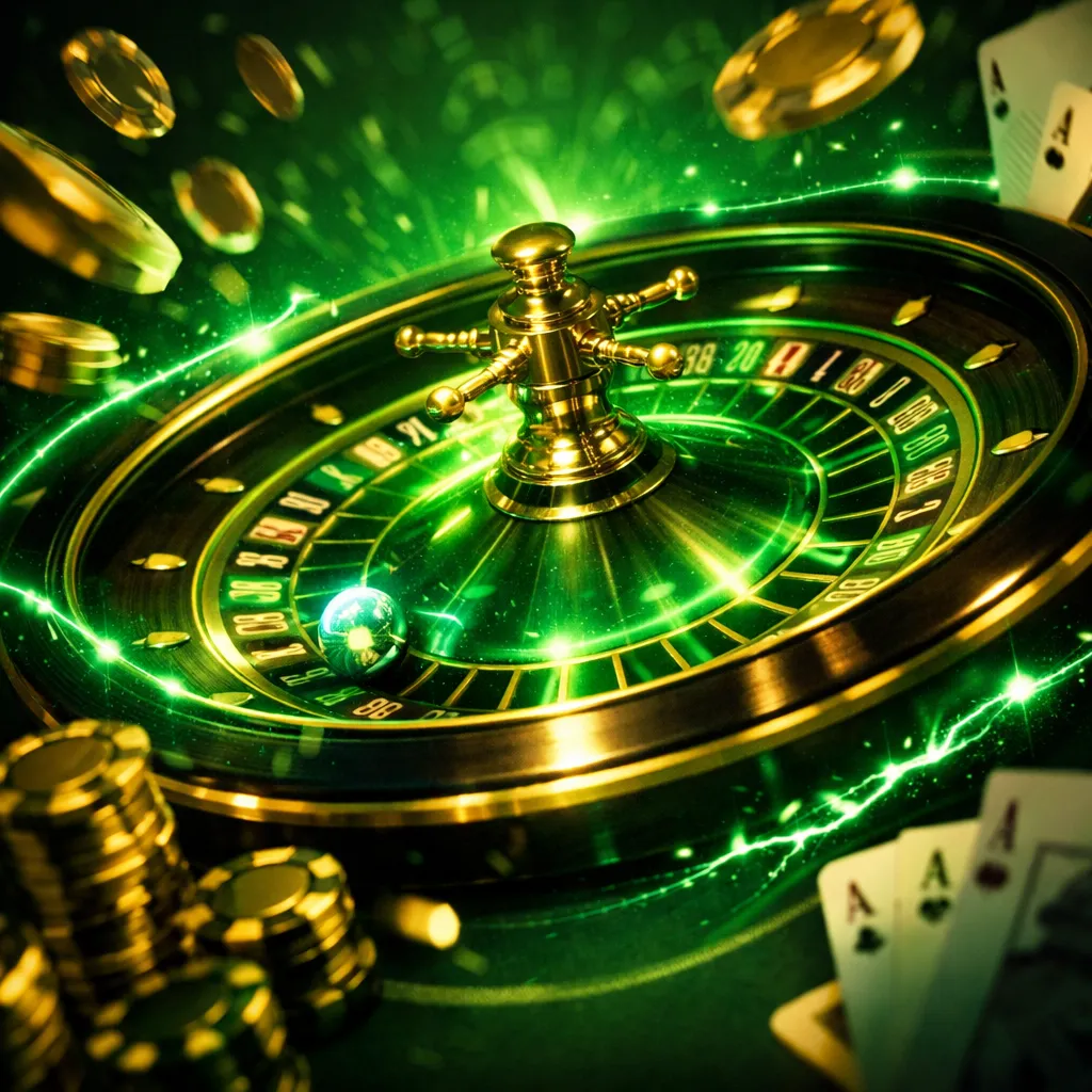 Aerial view of a glowing roulette table with neon energy vortex, floating chips, and dramatic casino atmosphere