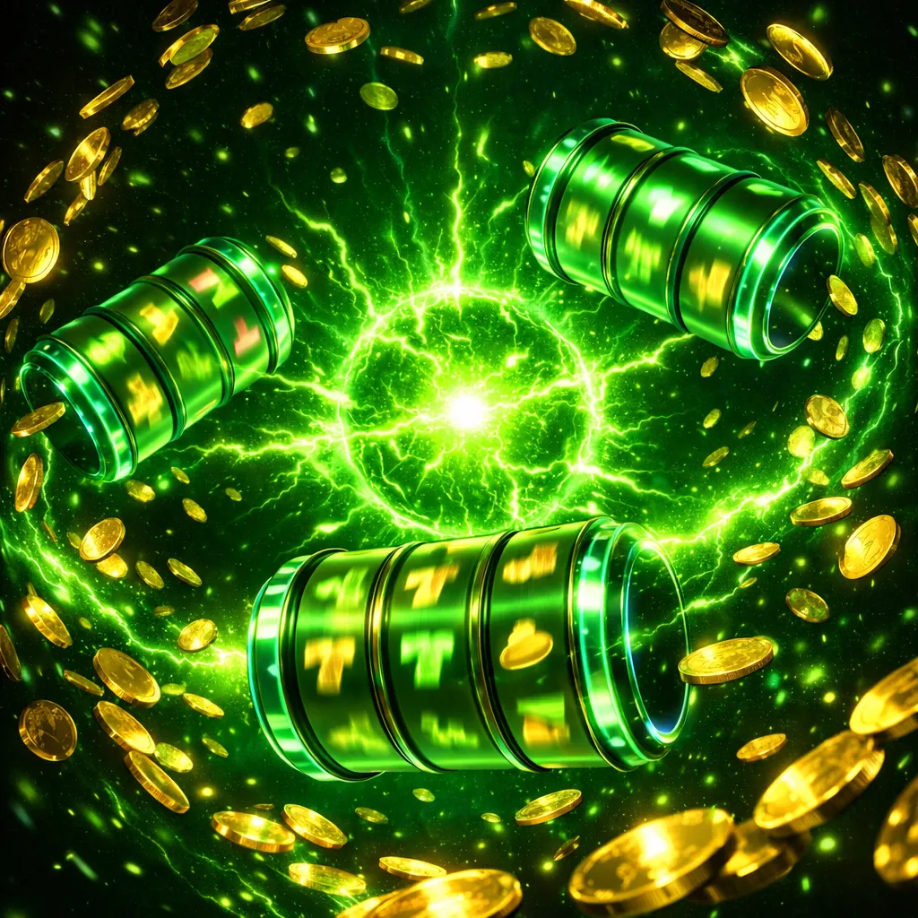 Glowing neon slot machine jackpot moment with triple sevens, colorful energy shockwave, and gold coin cascade in dark casino 