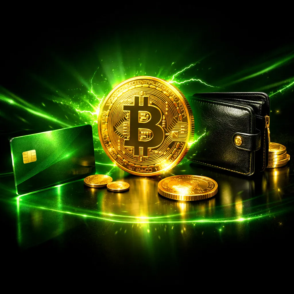 Premium payment methods display with credit card, gold bitcoin coin, and leather wallet arranged in glowing arc on dark refle