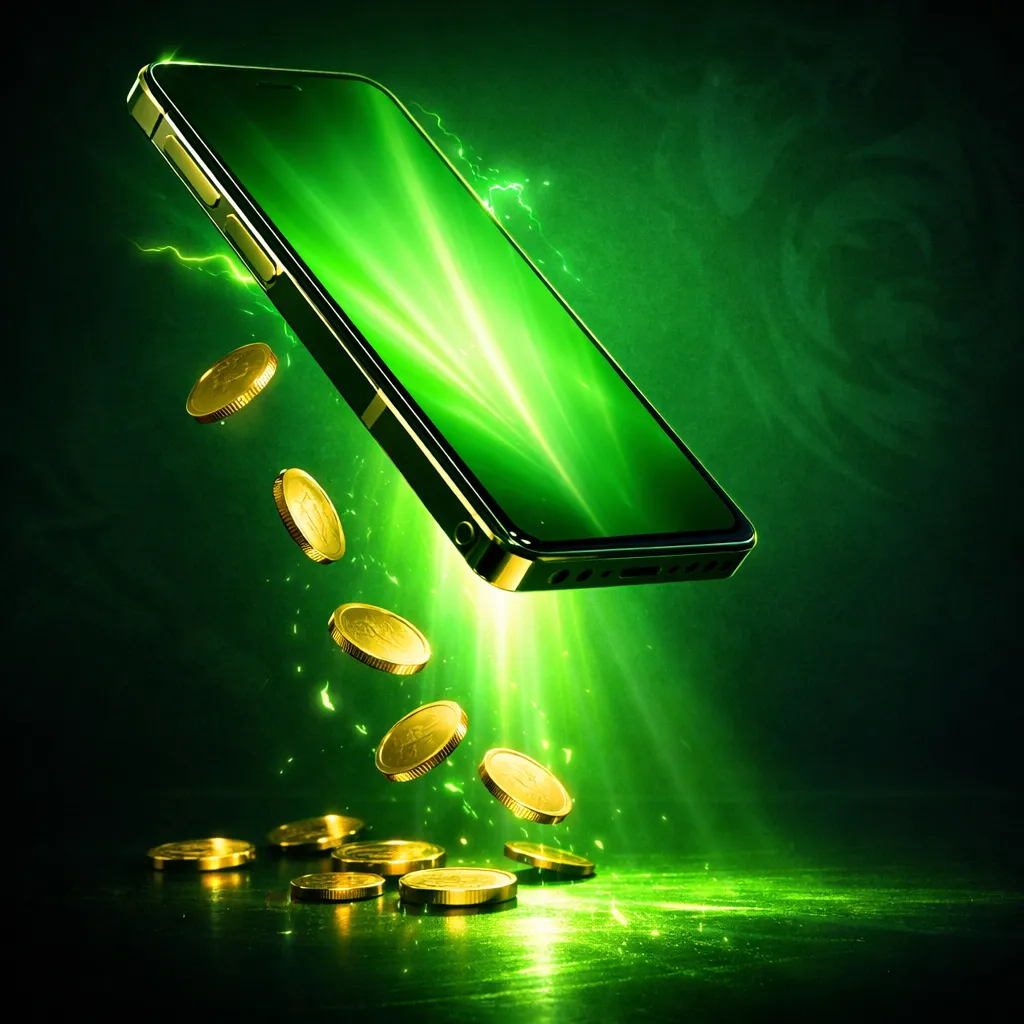 Premium smartphone floating upright in dark void with vibrant primary color light blazing from screen, gold coins orbiting sl