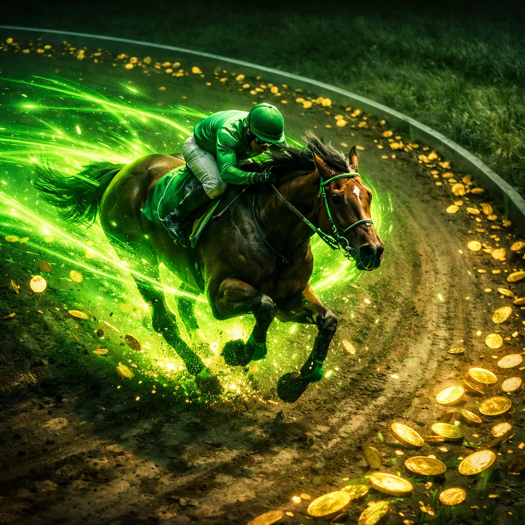 Dramatic racehorse crossing finish line with glowing energy explosion, cascading coins, and silhouetted crowd in dark stadium