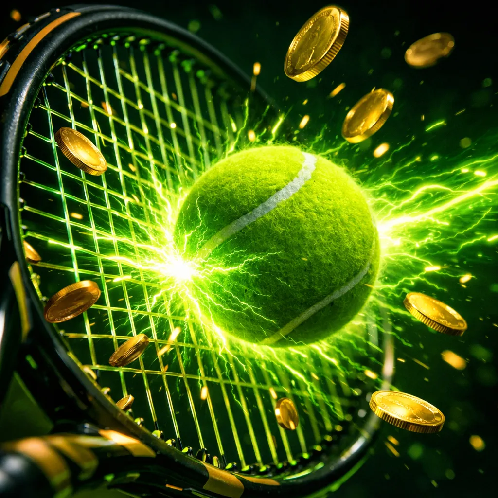 Tennis ball mid-flight with glowing neon energy trail, illuminated net, and cascading gold coins in a dark arena
