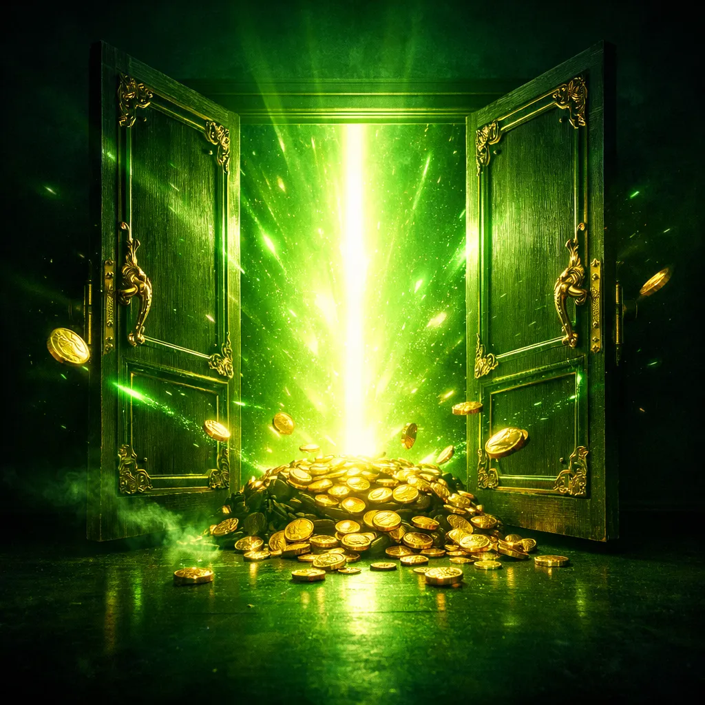 A treasure chest bursting open with blazing light, gold coins spilling out, glowing energy radiating in a dark atmospheric se