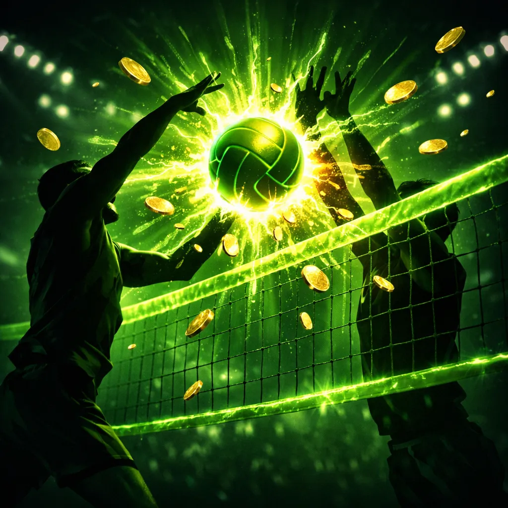 Volleyball at peak spike trajectory with glowing green energy aura, coins frozen mid-air, dark arena background with neon acc